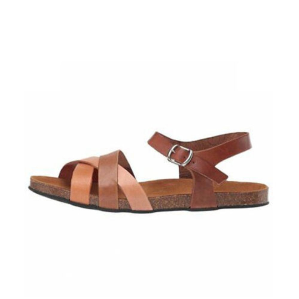 NEW Eric Michael Women Erin Tan Combo Crisscross Sandal Cork Buckle Ankle Strap - Picture 4 of 7